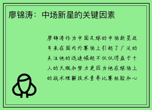 廖锦涛：中场新星的关键因素