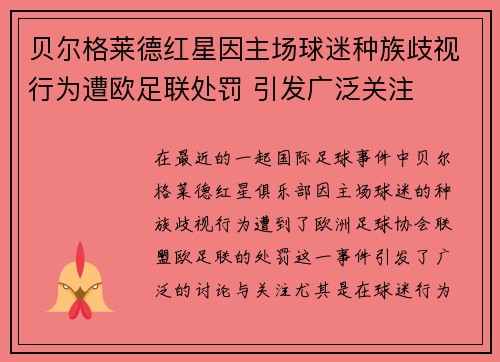 贝尔格莱德红星因主场球迷种族歧视行为遭欧足联处罚 引发广泛关注
